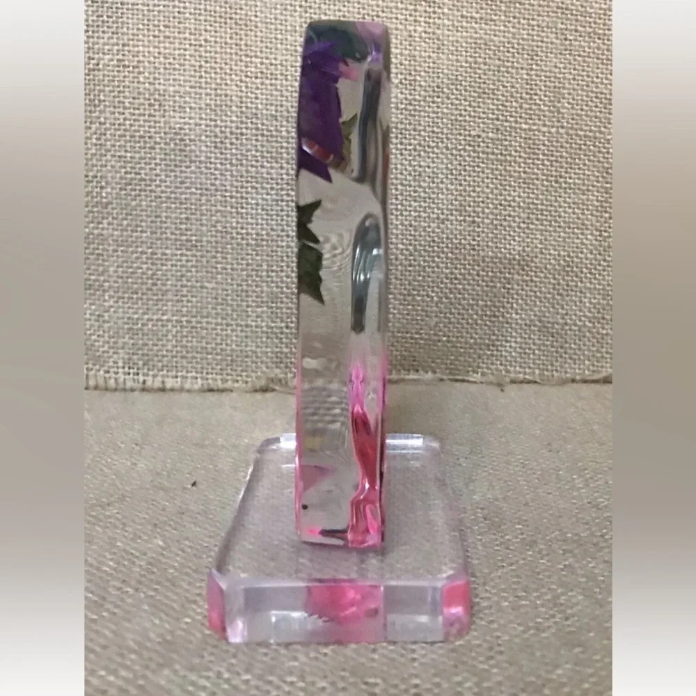 Vintage Floral Hummingbird Lucite Acrylic Paperweight Reverse Carving Fairy Core